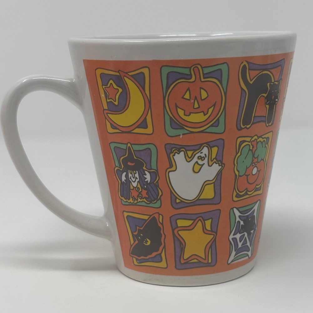 Vintage Halloween Coffee Mug Orange Ghost Pumpkin Witch Black Cat Ceramic 12oz